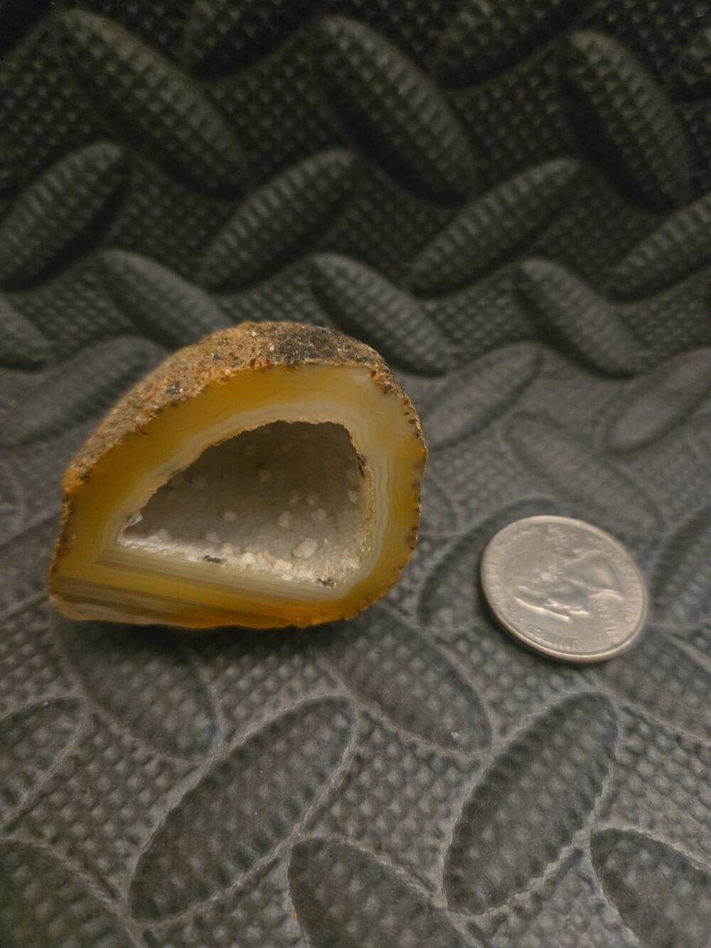 Natural Brazilian Polished Agate Geode Half Yellow Banded Druzy Quartz Crystal